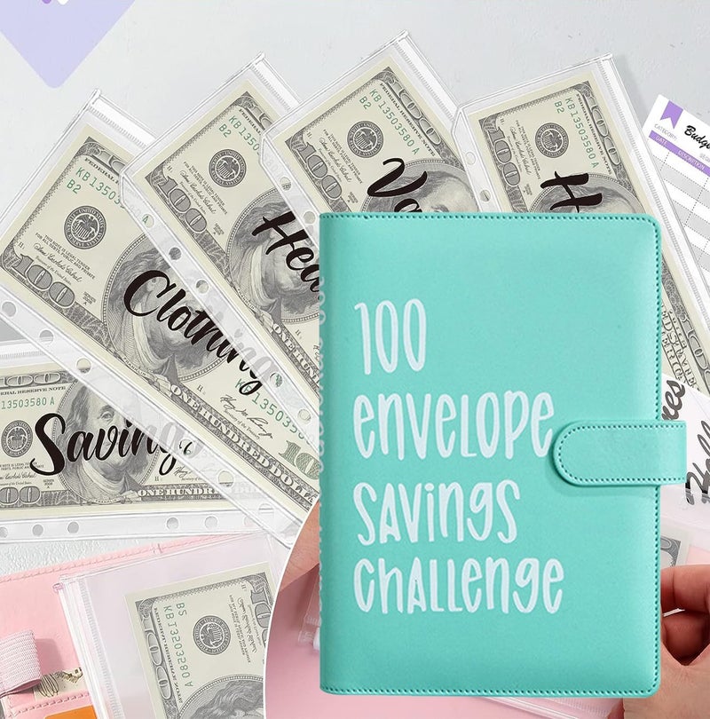 AASLOB 100 Envelopes Money Saving Challenge, 100 Envelope Challenge Binder, Easy and Fun Way to Save $5,050, Savings Challenges Budget Book Binder with Cash Envelopes for Office,Home,School (Green) - Image 5